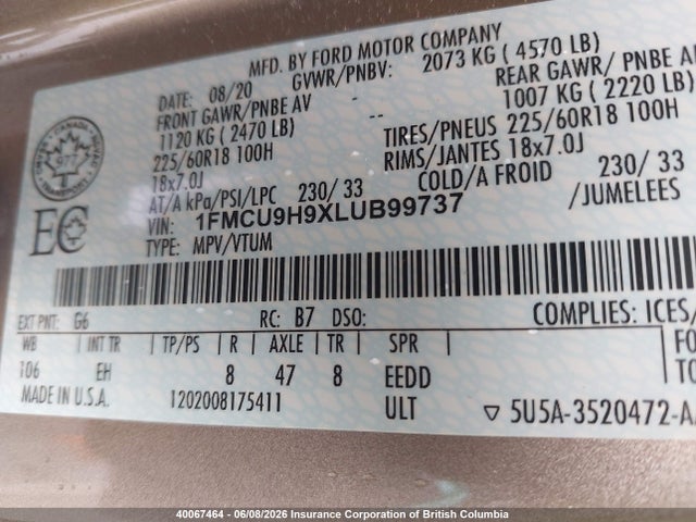 Aukcja sprzedaży 2020 Ford Escape Sel, vin: 1FMCU9H9XLUB99737, numer aukcji: 40067464
