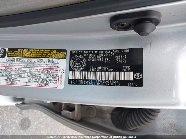 2007 Toyota Camry მანქანა იყიდება აუქციონზე, vin: 4T1BK46K87U503535, აუქციონის ნომერი: 40072161