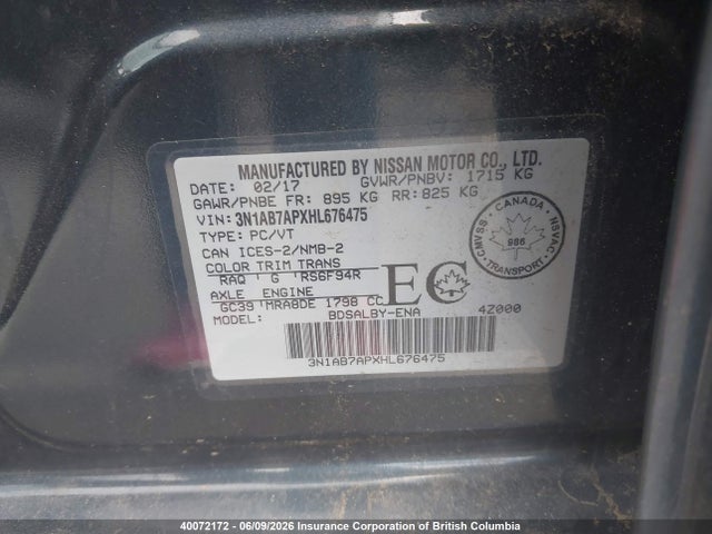 40072172 :رقم المزاد ، 3N1AB7APXHL676475 vin ، 2017 Nissan Sentra S/sv/sr/sl مزاد بيع