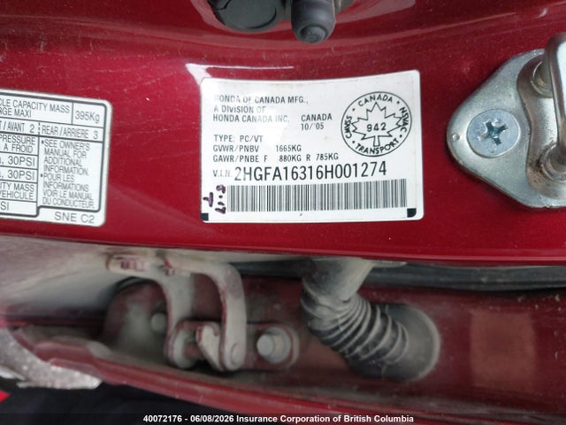 2006 Honda Civic მანქანა იყიდება აუქციონზე, vin: 2HGFA16316H001274, აუქციონის ნომერი: 40072176