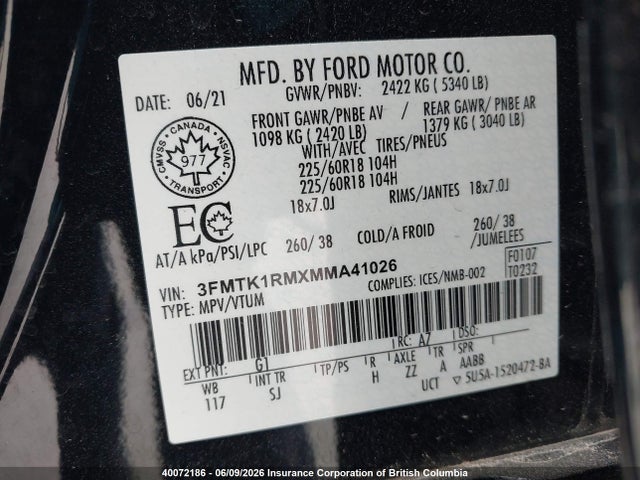 Продаж на аукціоні авто 2021 Ford Mustang Mach-e Select, vin: 3FMTK1RMXMMA41026, номер лоту: 40072186
