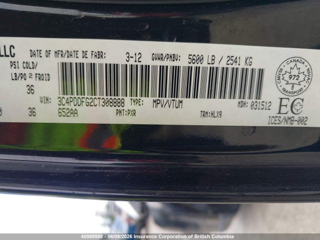 40069988 :رقم المزاد ، 3C4PDDFG2CT308888 vin ، 2012 Dodge Journey R/t مزاد بيع