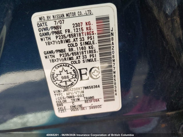 Aukcja sprzedaży 2007 Nissan Murano Sl/se/s, vin: JN8AZ08W77W658364, numer aukcji: 40065201