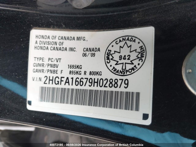 40072195 :رقم المزاد ، 2HGFA16679H028879 vin ، 2009 Honda Civic مزاد بيع