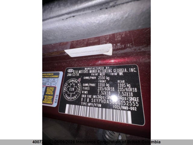 40072200 :رقم المزاد ، 5XYPHDA56GG152555 vin ، 2016 Kia Sorento Ex مزاد بيع