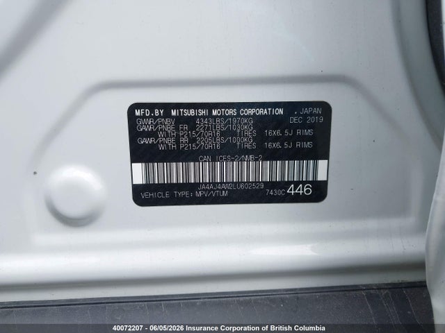 2020 Mitsubishi Rvr მანქანა იყიდება აუქციონზე, vin: JA4AJ4AW2LU602529, აუქციონის ნომერი: 40072207
