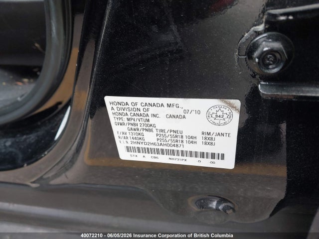 40072210 :رقم المزاد ، 2HNYD2H63AH004871 vin ، 2010 Acura Mdx مزاد بيع