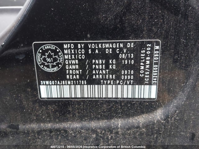 40072215 :رقم المزاد ، 3VWG07AJ8EM211785 vin ، 2014 Volkswagen Jetta مزاد بيع