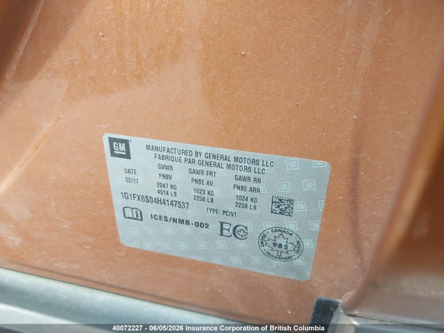 2017 Chevrolet Bolt Ev Premier მანქანა იყიდება აუქციონზე, vin: 1G1FX6S04H4147537, აუქციონის ნომერი: 40072227
