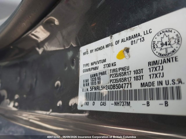 2013 Honda Odyssey Lx მანქანა იყიდება აუქციონზე, vin: 5FNRL5H24DB504771, აუქციონის ნომერი: 40072232