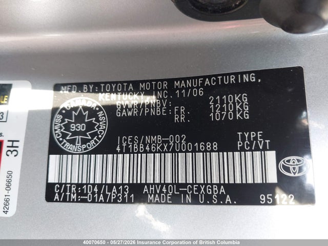 2007 Toyota Camry Hybrid მანქანა იყიდება აუქციონზე, vin: 4T1BB46KX7U001688, აუქციონის ნომერი: 40070650