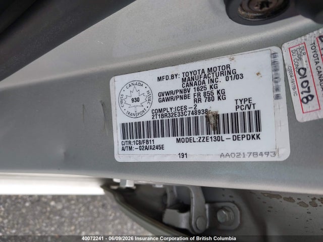 Aukcja sprzedaży 2003 Toyota Corolla Ce/le/sport, vin: 2T1BR32E33C748938, numer aukcji: 40072241