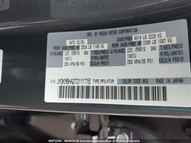 Aukcja sprzedaży 2026 Mazda Cx-5, vin: JM3KMBHA2T0111716, numer aukcji: 40072245