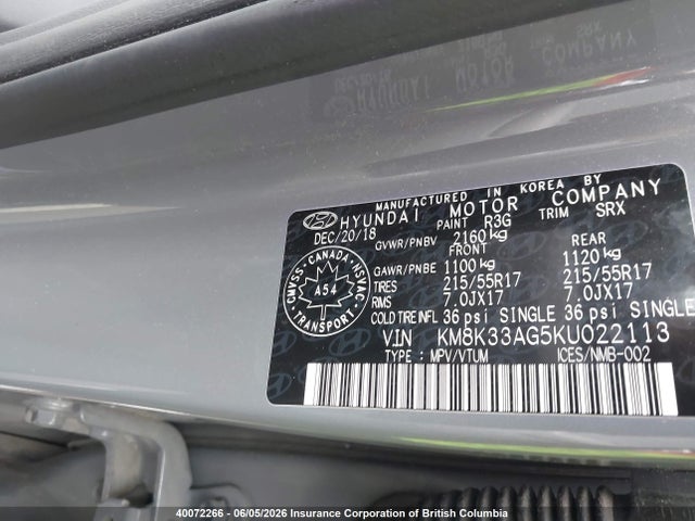 40072266 :رقم المزاد ، KM8K33AG5KU022113 vin ، 2019 Hyundai Kona مزاد بيع