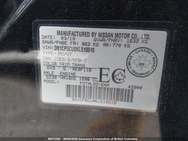 Nissan Kicks 2019 3N1CP5CU0KL510510 Image 9