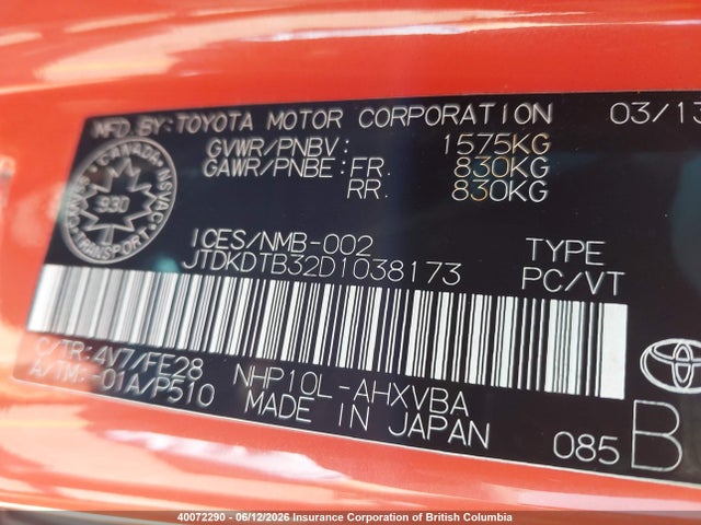 Продаж на аукціоні авто 2013 Toyota Prius, vin: JTDKDTB32D1038173, номер лоту: 40072290