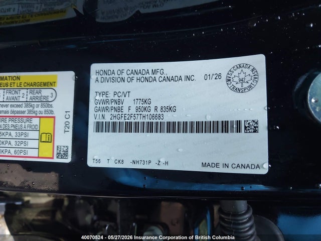 Продаж на аукціоні авто 2026 Honda Civic Sport, vin: 2HGFE2F57TH106683, номер лоту: 40070524