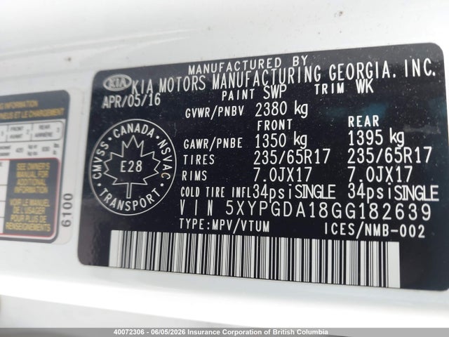 Auction sale of the 2016 Kia Sorento Lx/l, vin: 5XYPGDA18GG182639, lot number: 40072306