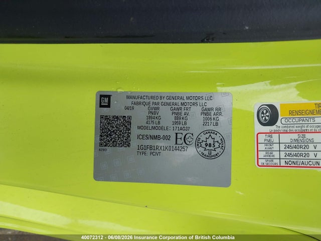 40072312 :رقم المزاد ، 1G1FB1RX1K0144257 vin ، 2019 Chevrolet Camaro Ls/lt مزاد بيع