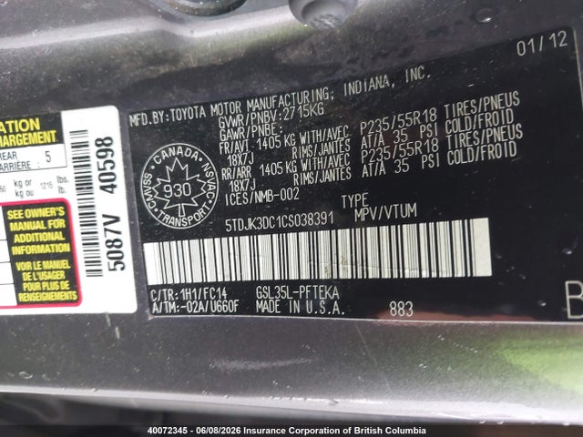 2012 Toyota Sienna Le მანქანა იყიდება აუქციონზე, vin: 5TDJK3DC1CS038391, აუქციონის ნომერი: 40072345
