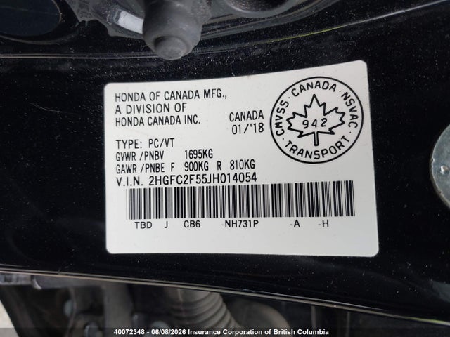 40072348 :رقم المزاد ، 2HGFC2F55JH014054 vin ، 2018 Honda Civic مزاد بيع