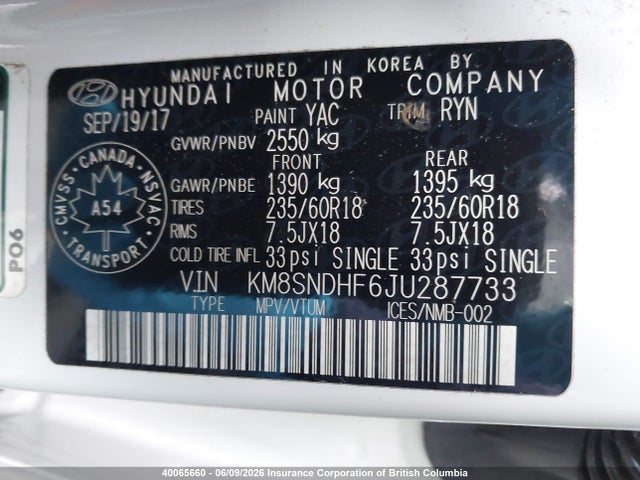 2018 Hyundai Santa Fe Se/limited მანქანა იყიდება აუქციონზე, vin: KM8SNDHF6JU287733, აუქციონის ნომერი: 40065660