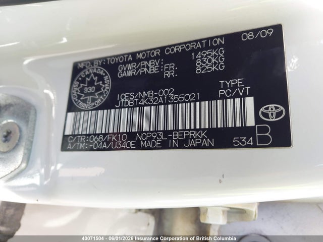 2010 Toyota Yaris მანქანა იყიდება აუქციონზე, vin: JTDBT4K32A1355021, აუქციონის ნომერი: 40071504