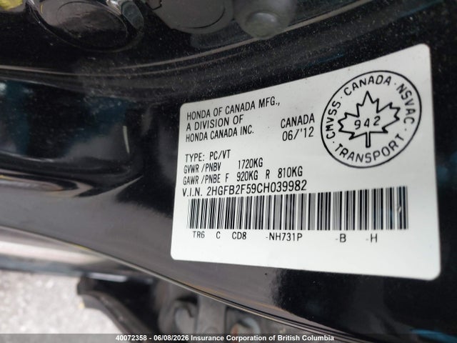 40072358 :رقم المزاد ، 2HGFB2F59CH039982 vin ، 2012 Honda Civic مزاد بيع