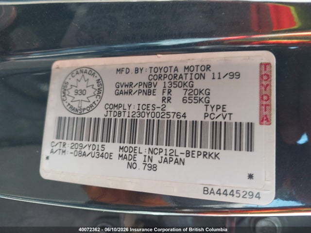 Aukcja sprzedaży 2000 Toyota Echo, vin: JTDBT1230Y0025764, numer aukcji: 40072362