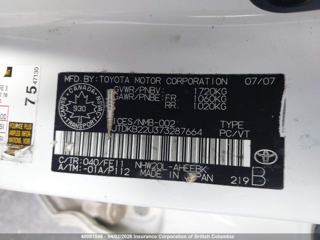 40061546 :رقم المزاد ، JTDKB22U373287664 vin ، 2007 Toyota Prius مزاد بيع