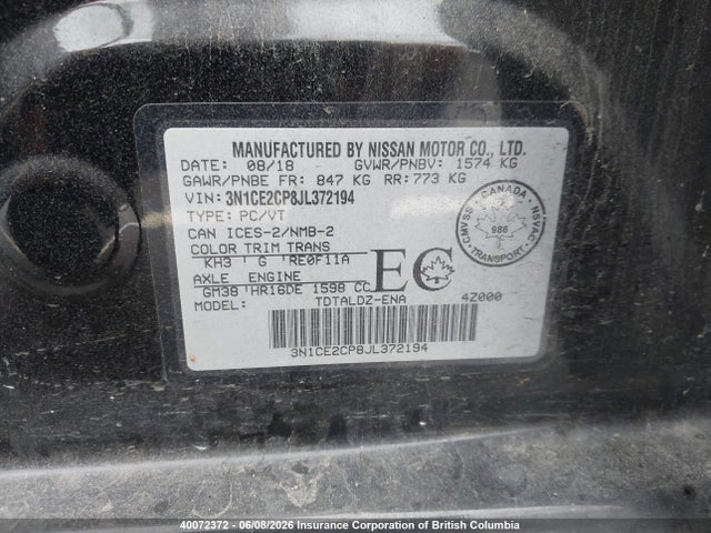 Продаж на аукціоні авто 2018 Nissan Versa, vin: 3N1CE2CP8JL372194, номер лоту: 40072372