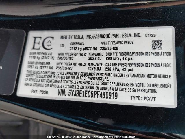 Aukcja sprzedaży 2023 Tesla Model 3, vin: 5YJ3E1EC6PF480919, numer aukcji: 40072376