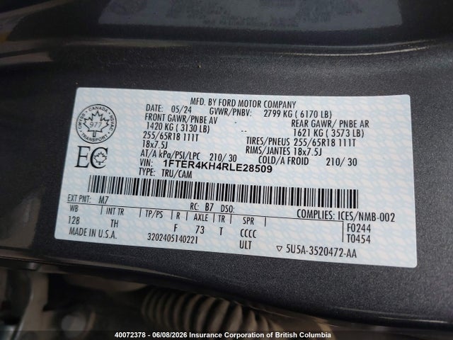 Aukcja sprzedaży 2024 Ford Ranger Lariat, vin: 1FTER4KH4RLE28509, numer aukcji: 40072378
