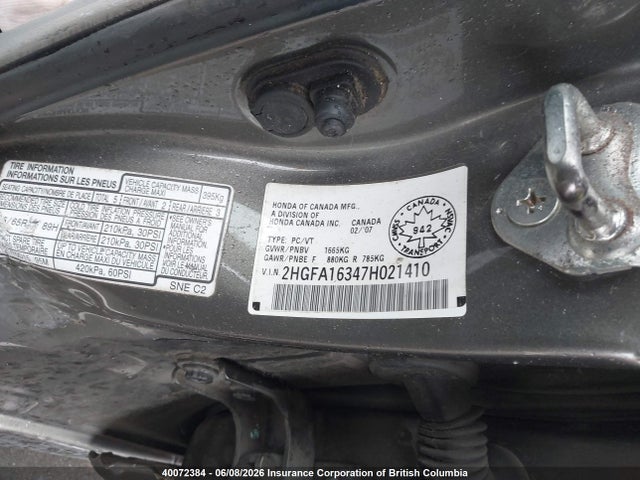 Aukcja sprzedaży 2007 Honda Civic, vin: 2HGFA16347H021410, numer aukcji: 40072384