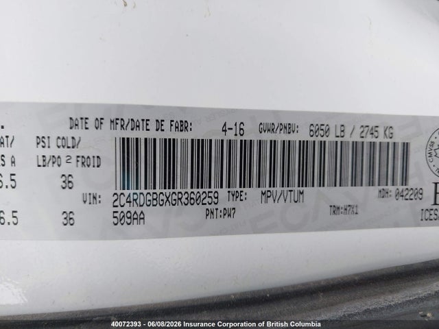 40072393 :رقم المزاد ، 2C4RDGBGXGR360259 vin ، 2016 Dodge Grand Caravan Se/sxt مزاد بيع
