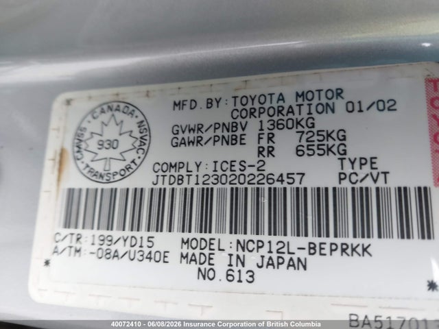 40072410 :رقم المزاد ، JTDBT123020226457 vin ، 2002 Toyota Echo مزاد بيع