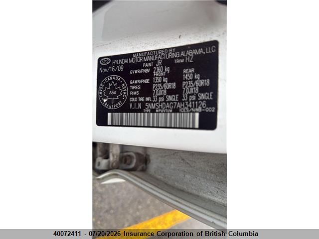 40072411 :رقم المزاد ، 5NMSHDAG7AH341126 vin ، 2010 Hyundai Santa Fe Limited 3.5 مزاد بيع