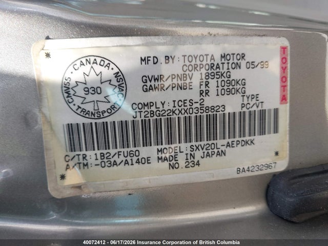 1999 Toyota Camry მანქანა იყიდება აუქციონზე, vin: JT2BG22KXX0358823, აუქციონის ნომერი: 40072412