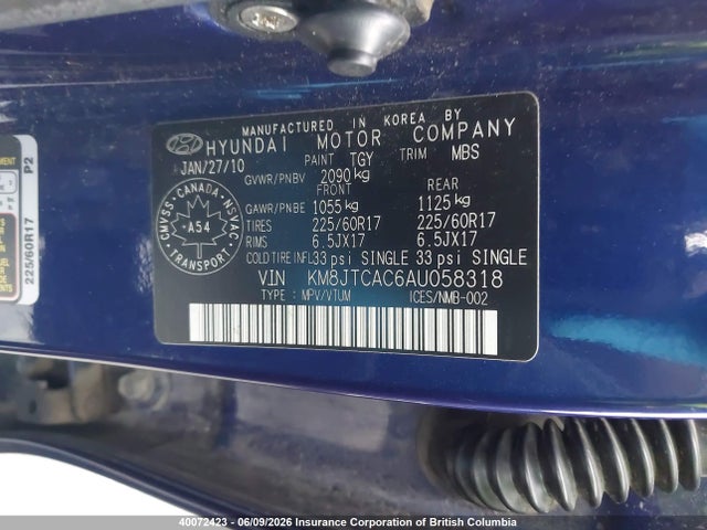 2010 Hyundai Tucson Gls მანქანა იყიდება აუქციონზე, vin: KM8JTCAC6AU058318, აუქციონის ნომერი: 40072423
