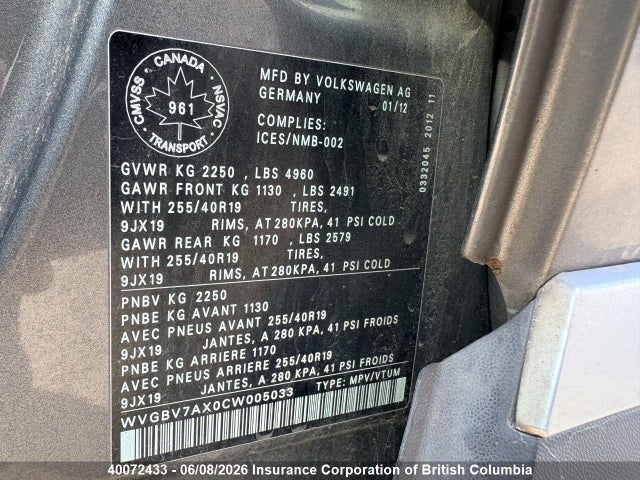 Продажа на аукционе авто 2012 Volkswagen Tiguan S/se/sel, vin: WVGBV7AX0CW005033, номер лота: 40072433