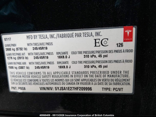 Tesla MODEL S 2017 5YJSA1E27HF209996 Image 9