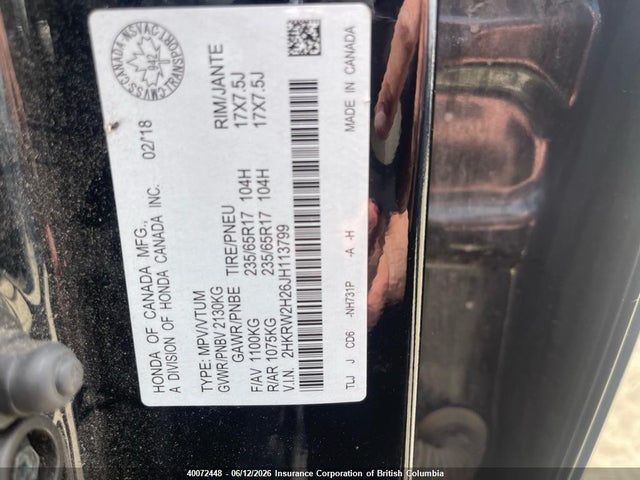 40072448 :رقم المزاد ، 2HKRW2H26JH113799 vin ، 2018 Honda Cr-v مزاد بيع