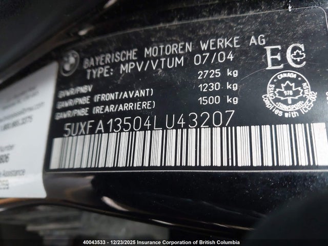 2004 Bmw X5 3.0i მანქანა იყიდება აუქციონზე, vin: 5UXFA13504LU43207, აუქციონის ნომერი: 40043533