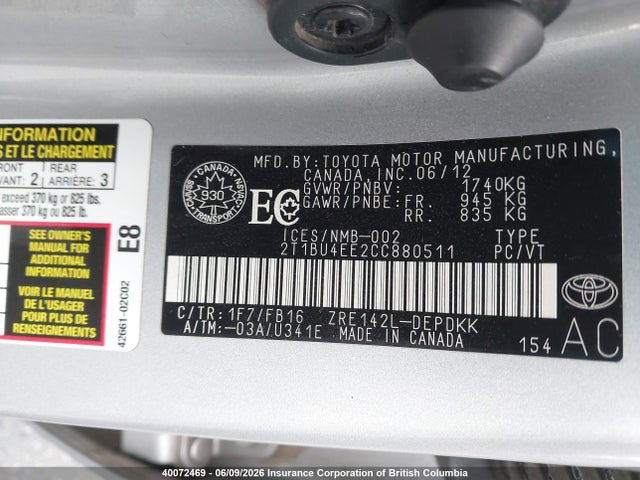 Aukcja sprzedaży 2012 Toyota Corolla S/le, vin: 2T1BU4EE2CC880511, numer aukcji: 40072469