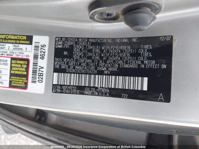 Aukcja sprzedaży 2008 Toyota Sienna Ce/le, vin: 5TDZK23C58S154229, numer aukcji: 40068956