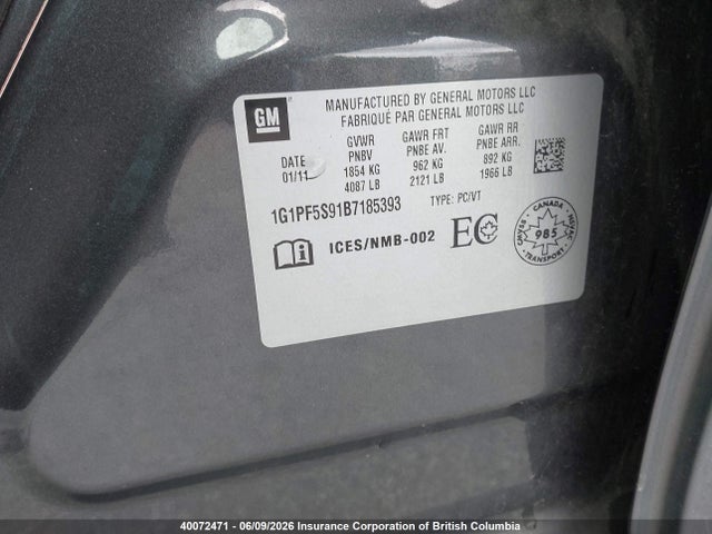 40072471 :رقم المزاد ، 1G1PF5S91B7185393 vin ، 2011 Chevrolet Cruze مزاد بيع