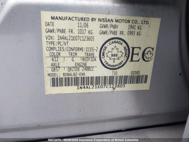 Продажа на аукционе авто 2007 Nissan Altima 2.5/2.5s, vin: 1N4AL21E07C123605, номер лота: 40072473