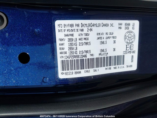 40072474 :رقم المزاد ، 1D4GP25R05B123406 vin ، 2005 Dodge Caravan مزاد بيع