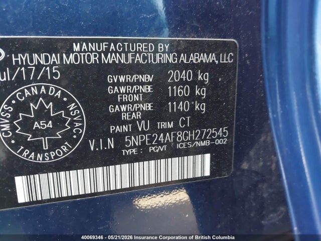 2016 Hyundai Sonata Se მანქანა იყიდება აუქციონზე, vin: 5NPE24AF8GH272545, აუქციონის ნომერი: 40069346