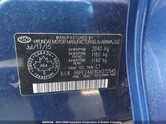 2016 Hyundai Sonata Se მანქანა იყიდება აუქციონზე, vin: 5NPE24AF8GH272545, აუქციონის ნომერი: 40069346